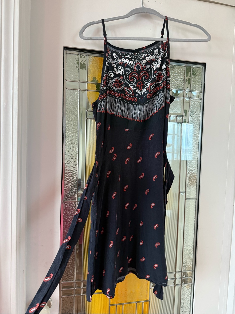 Hering Navy Blue Mini Slip Dress with Red Paisley and Silver Fringe Trim